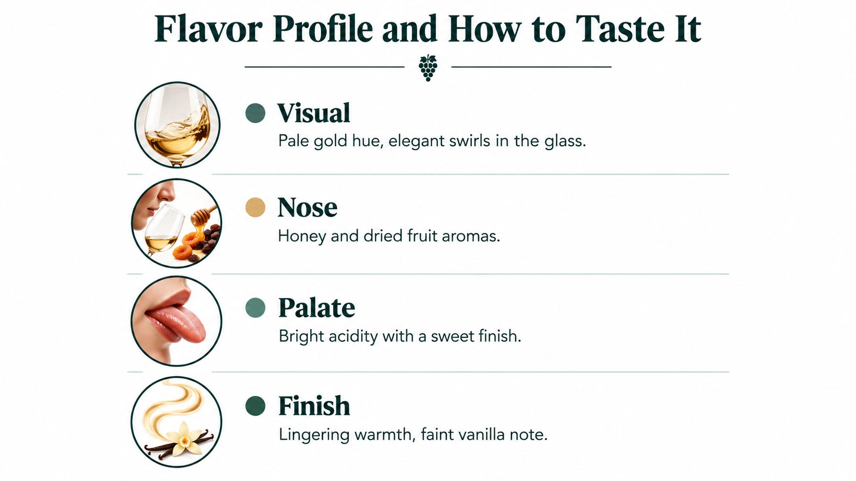 An infographic detailing the flavor profile and tasting notes for golden balsamic vinegar, showing visual, nose, palate, and finish.