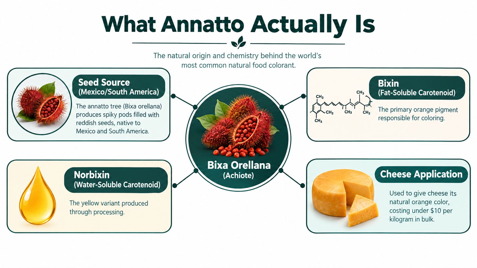 An infographic explaining the natural origins, chemical components, and uses of annatto as a food colorant.