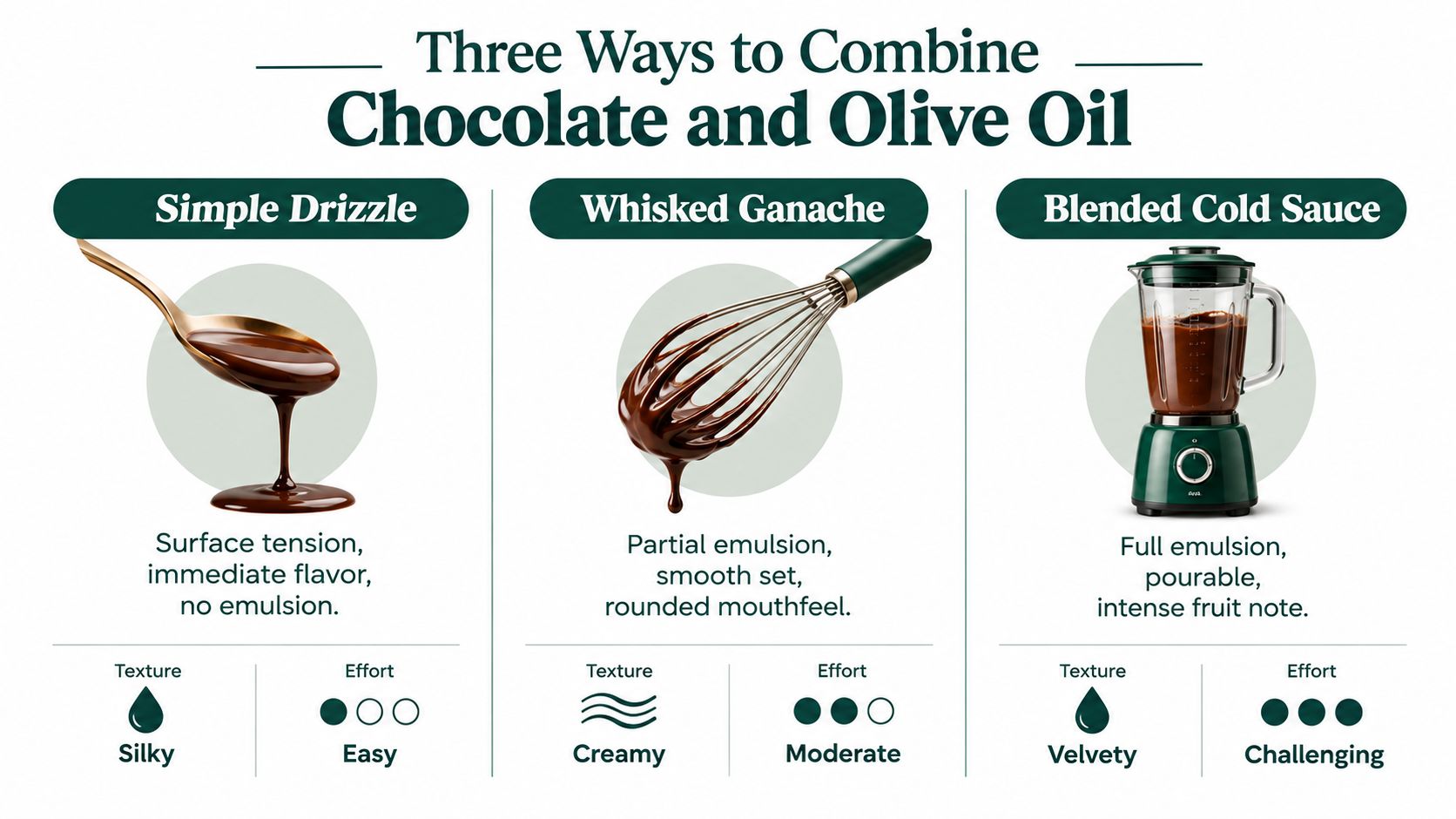 An infographic illustrating three distinct techniques for combining chocolate and olive oil: simple drizzle, whisked ganache, and blended cold sauce.