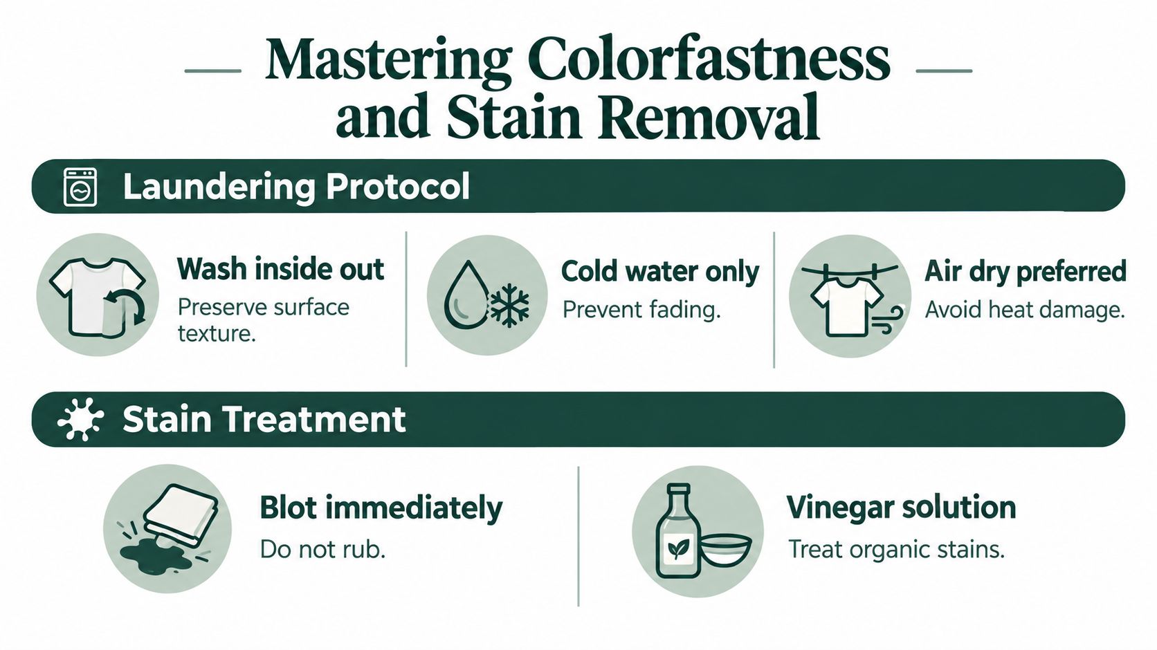 An infographic titled Mastering Colorfastness and Stain Removal offering tips for washing and treating organic stains.