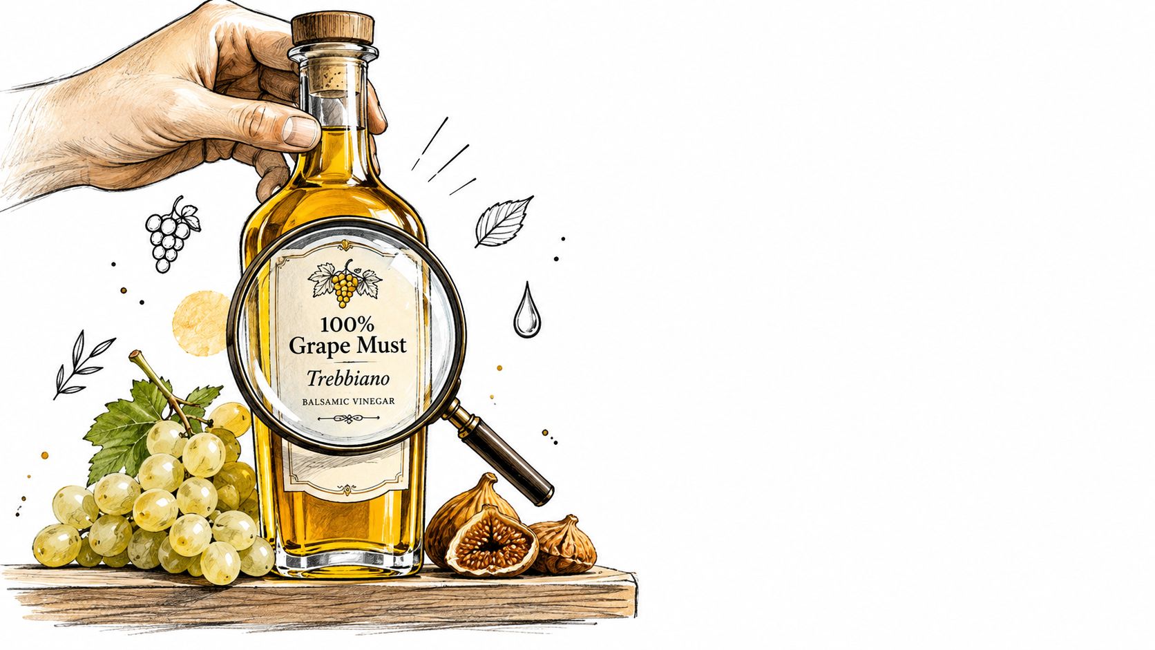 A hand holding a magnifying glass over a bottle of Trebbiano grape must golden balsamic vinegar.