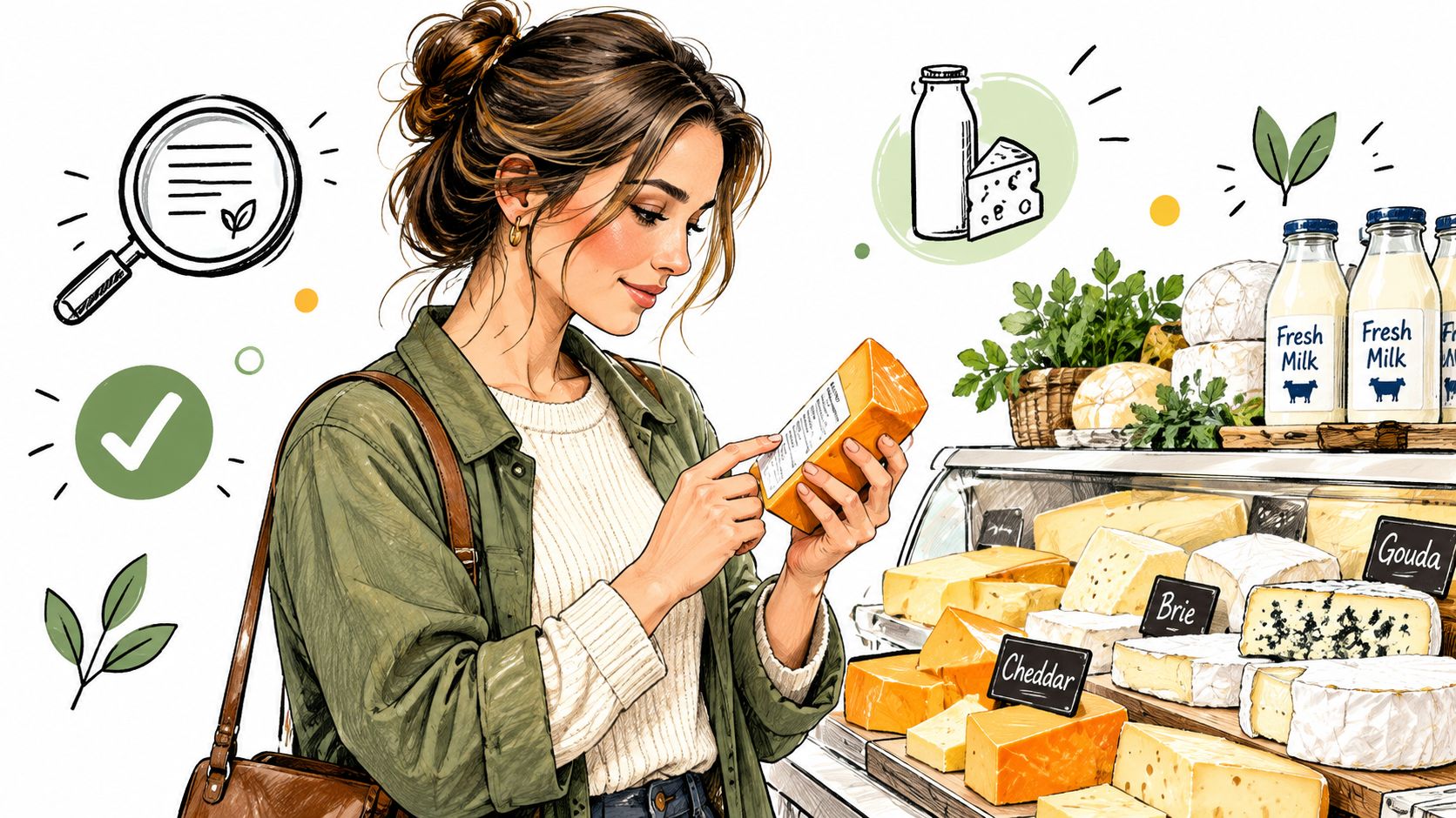A woman examining the label of a block of cheese at a grocery store dairy counter.