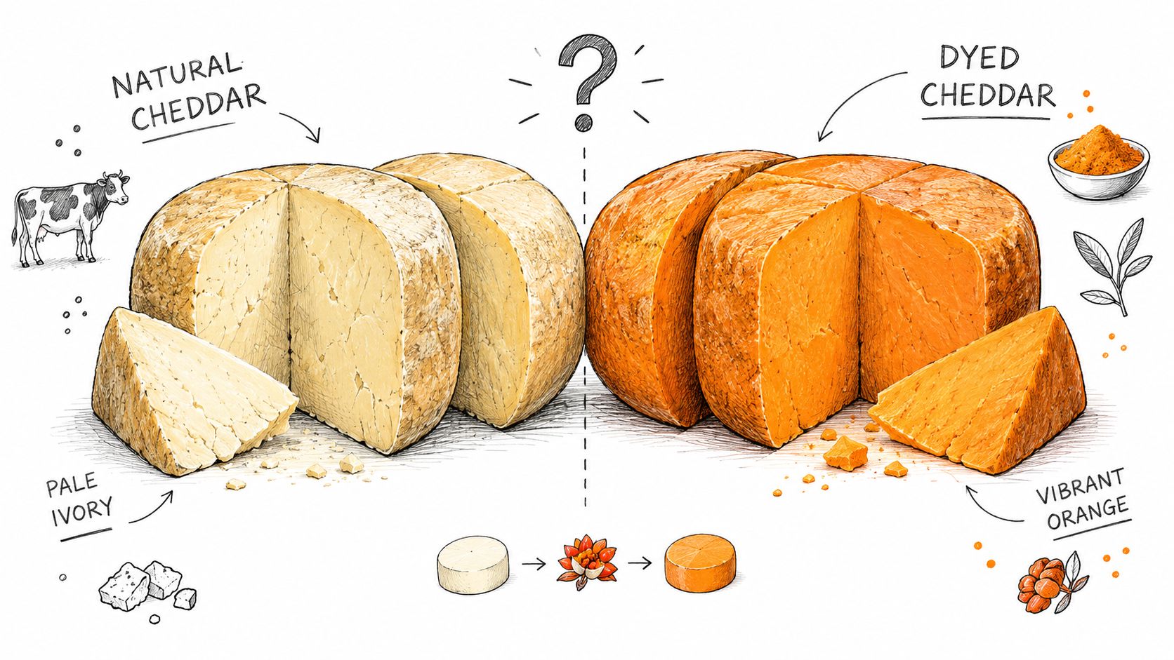 A diagram comparing natural pale ivory cheddar with vibrant orange dyed cheddar using annatto seeds for color.