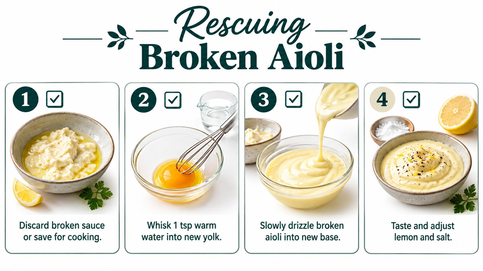 A four-step instructional infographic showing how to fix a broken aioli sauce with fresh ingredients.