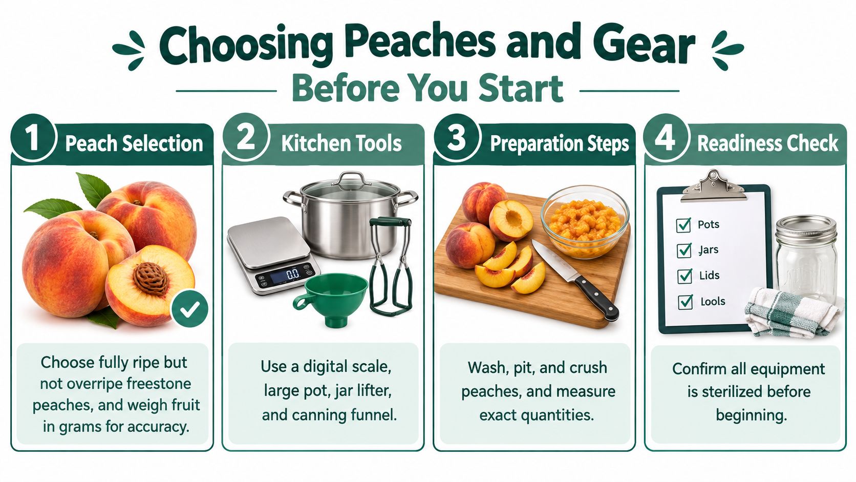 A step-by-step infographic showing how to select peaches and prepare tools for making amaretto peach jam.