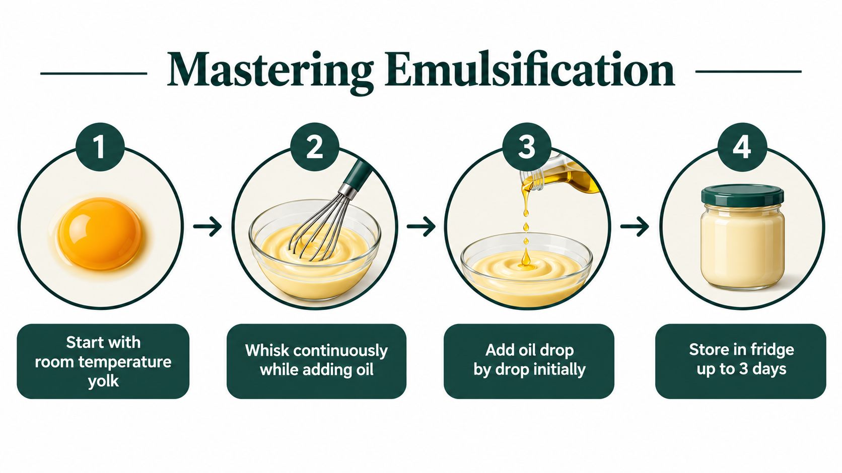 A four-step infographic illustrating the process of mastering emulsification for making homemade mayonnaise or aioli.