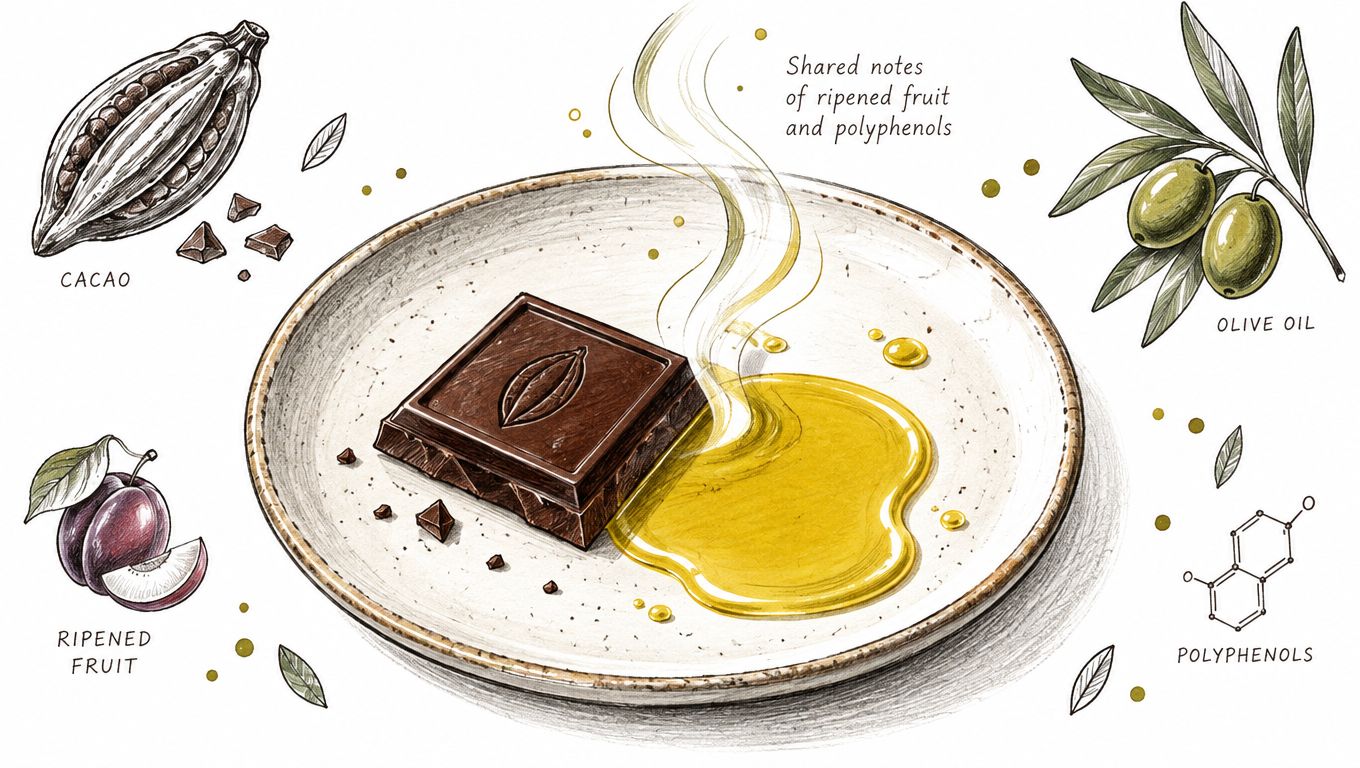 An artistic illustration featuring a dark chocolate square paired with olive oil, cacao, and ripened fruit.