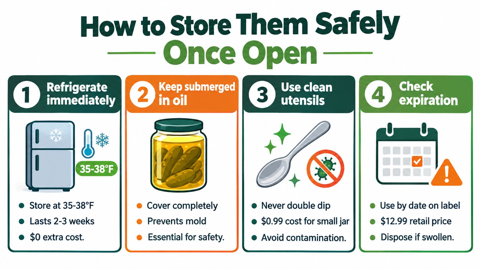 An infographic showing four steps for safely storing semi sun-dried tomatoes in oil after opening the jar.