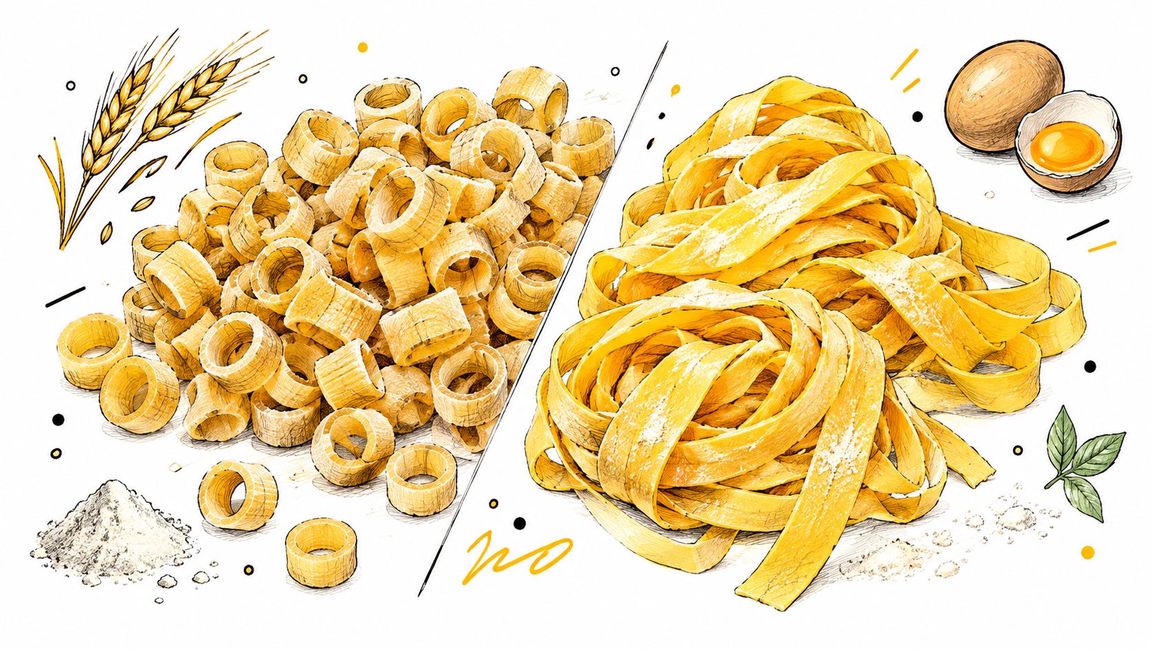 A split illustration showing dried ring pasta with wheat stalks versus fresh fettuccine pasta with raw eggs.