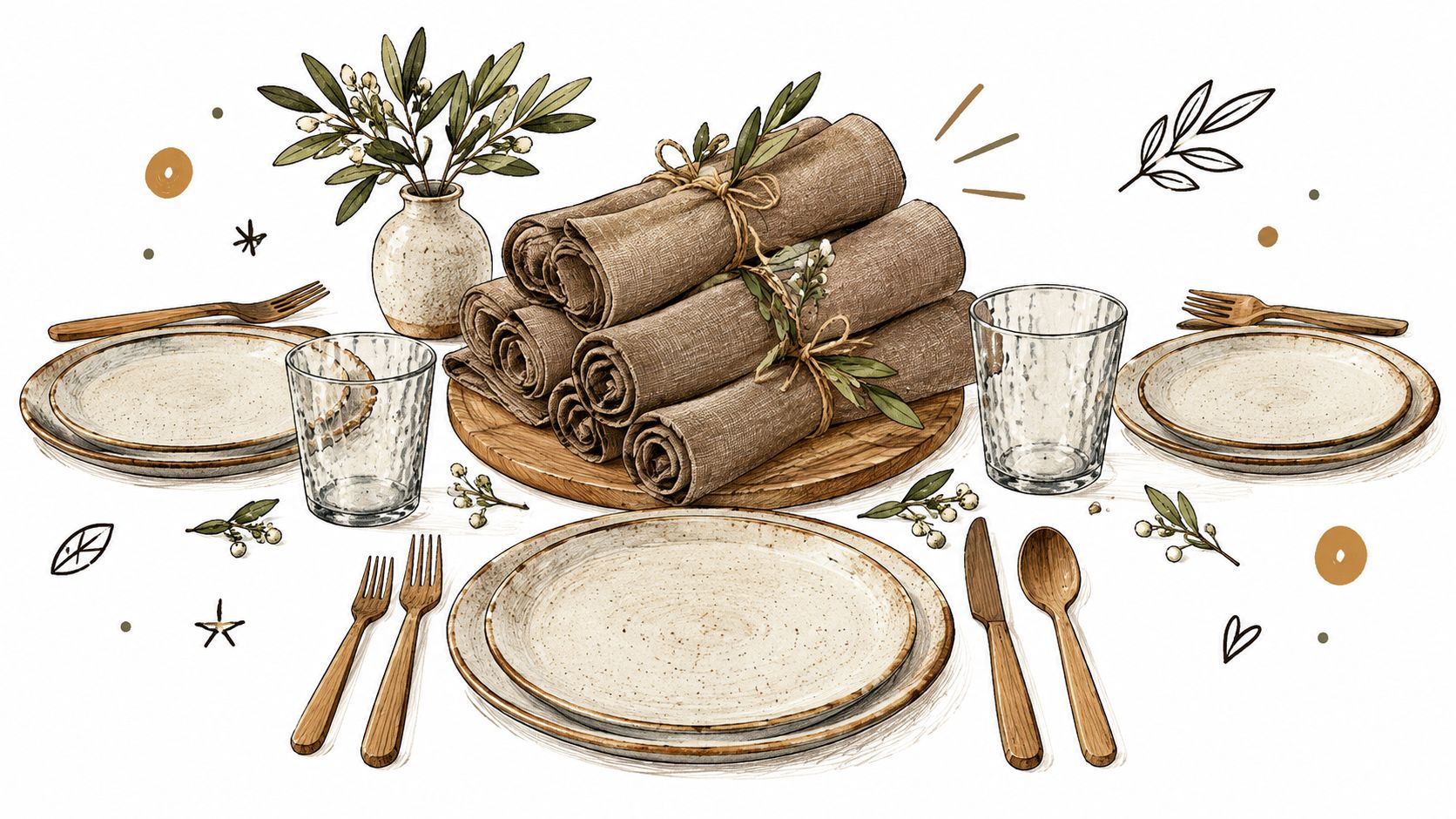 A rustic dining table setting featuring stacked brown linen napkins, ceramic plates, wooden cutlery, and olive branches.