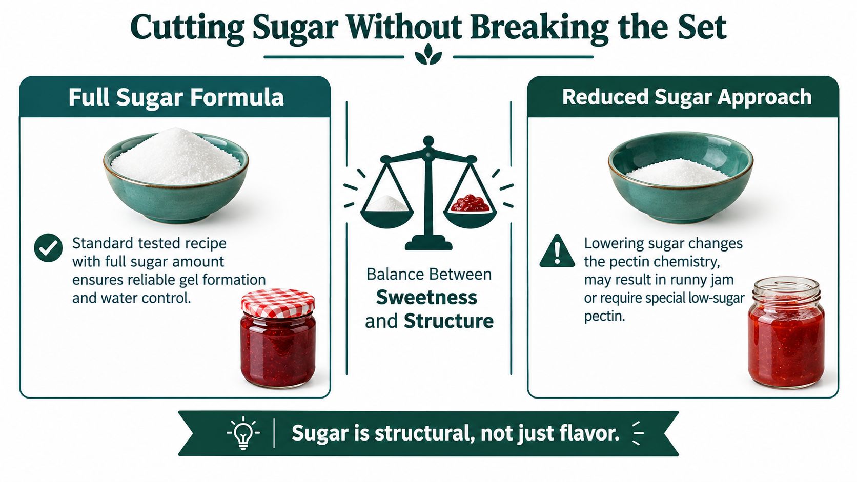 An infographic illustrating the impact of sugar reduction on jam consistency and pectin structure in cooking.