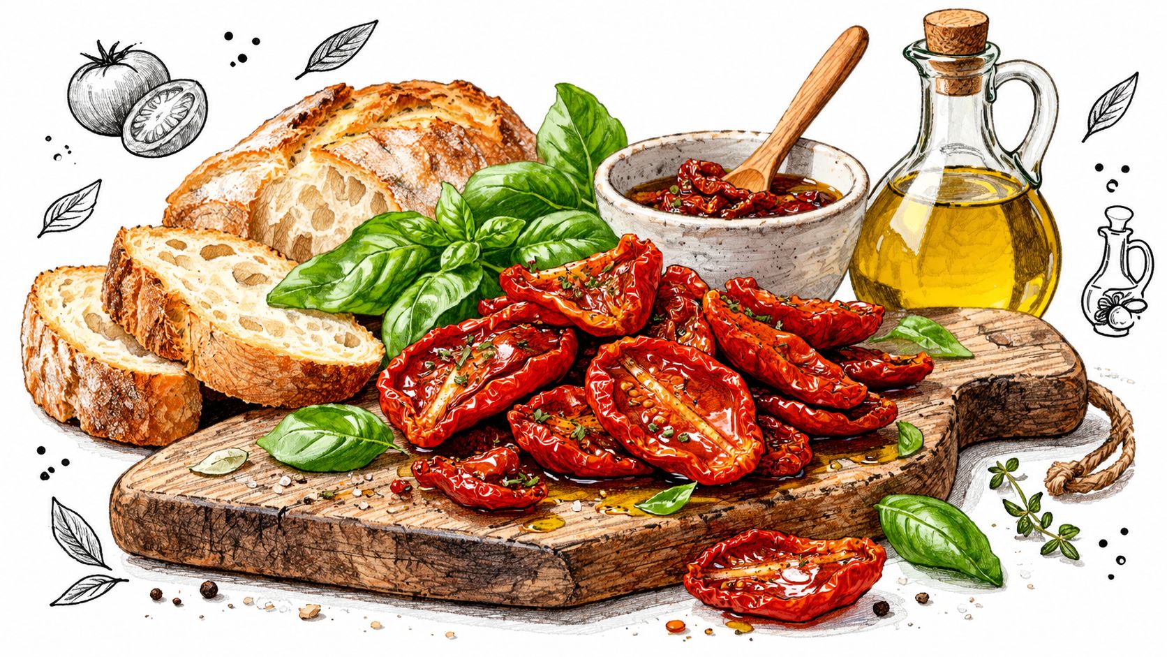 A rustic wooden board with semi sun dried tomatoes, fresh basil, sliced bread, and a jar of olive oil.