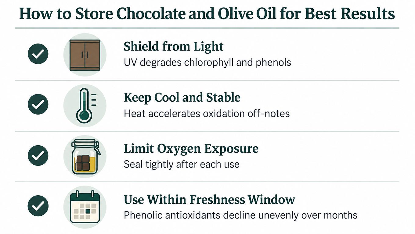 A list of four best practices for storing chocolate and olive oil to maintain their quality.