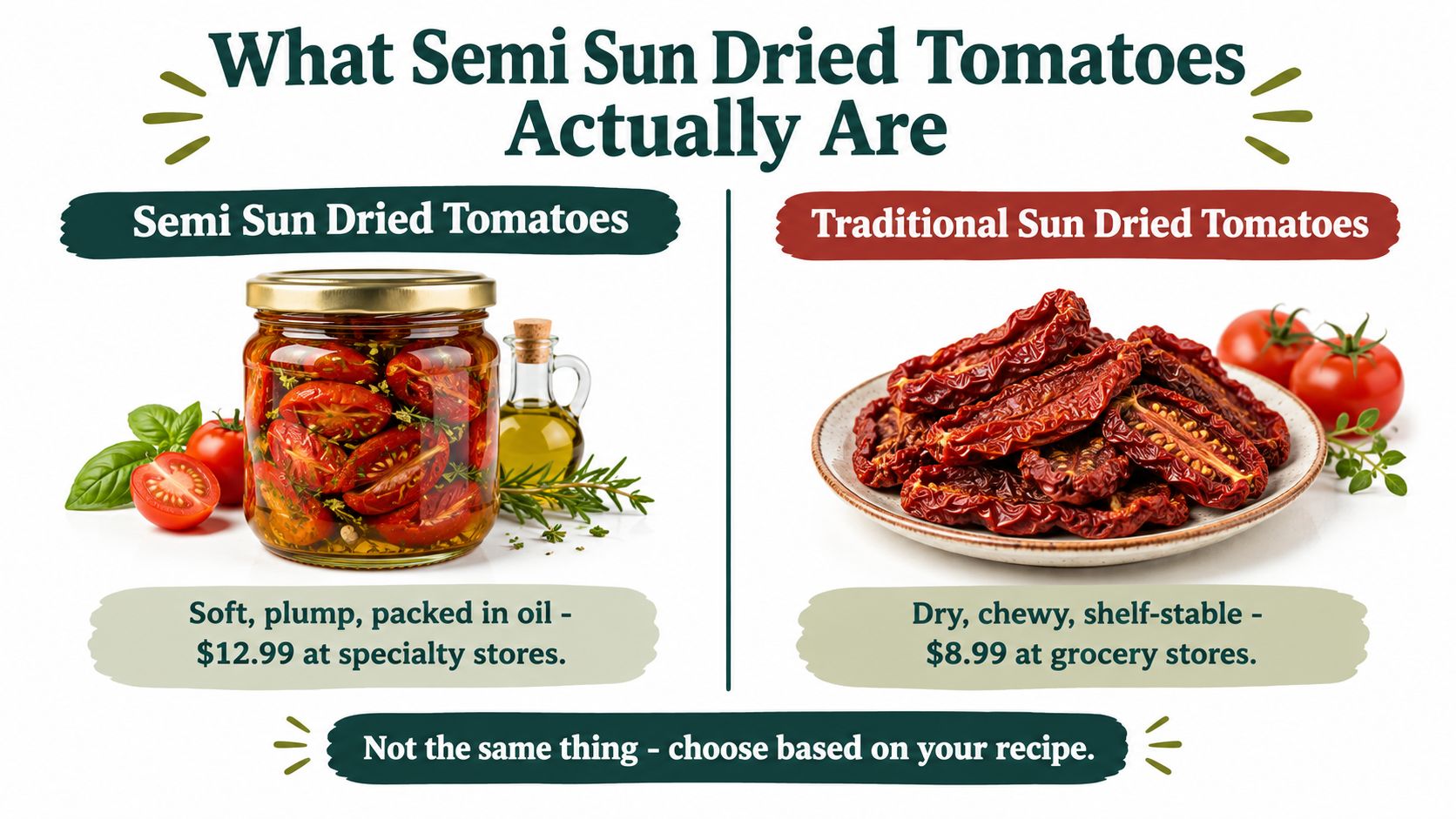 A comparison graphic showing the differences between soft, oil-packed semi sun dried tomatoes and dry, chewy traditional sun-dried tomatoes.