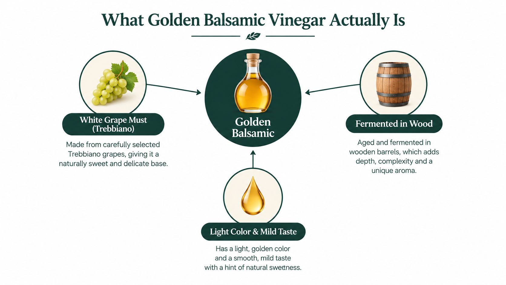 An infographic explaining that golden balsamic vinegar is made from Trebbiano white grape must, fermented in wood.