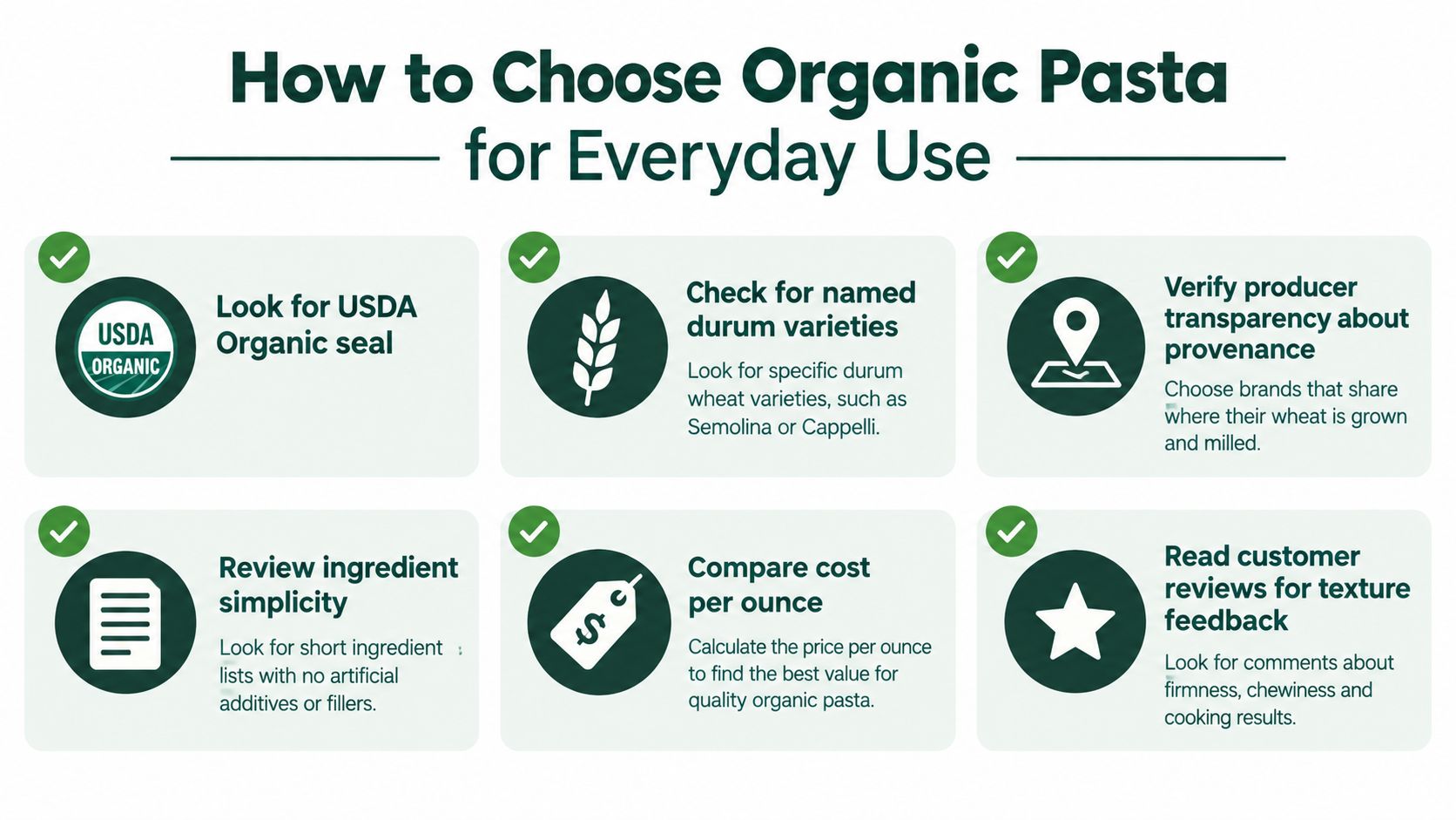 An infographic titled How to Choose Organic Pasta for Everyday Use with six helpful consumer tips.