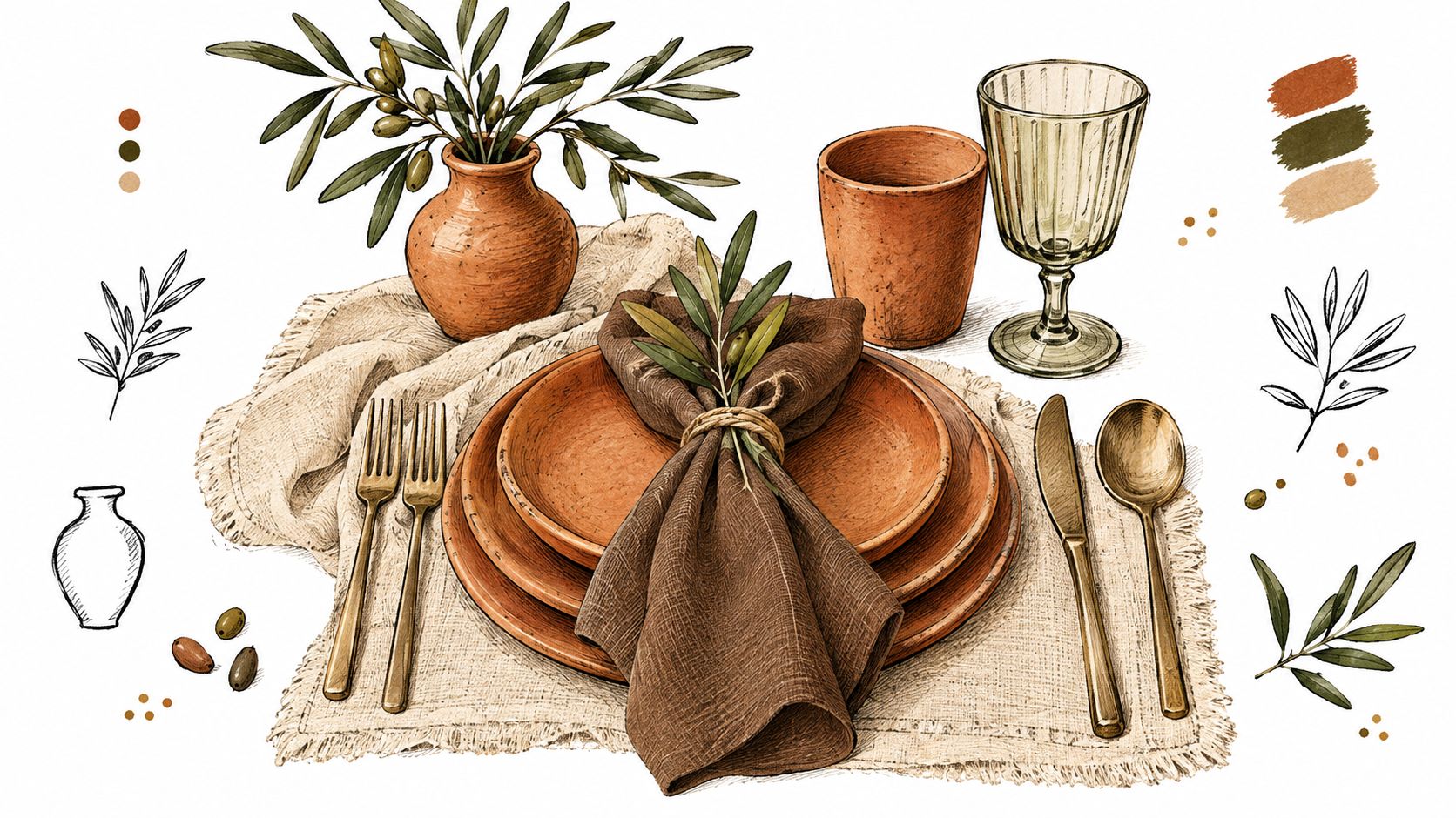 A rustic table setting featuring brown linen napkins, earthenware plates, brass cutlery, and an olive branch vase.