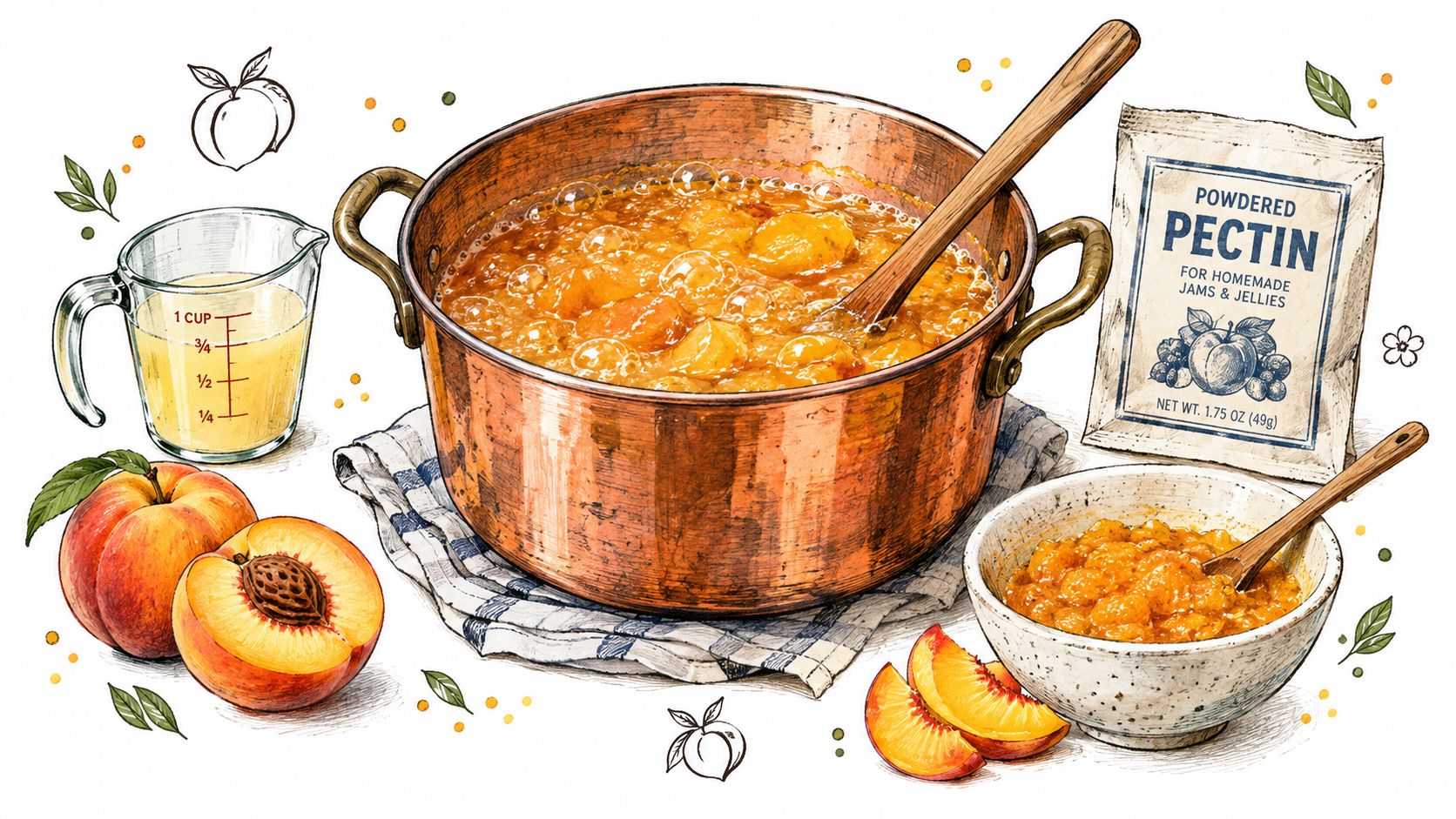 A copper pot filled with bubbling peach jam next to ingredients like peaches, pectin, and a measuring cup.