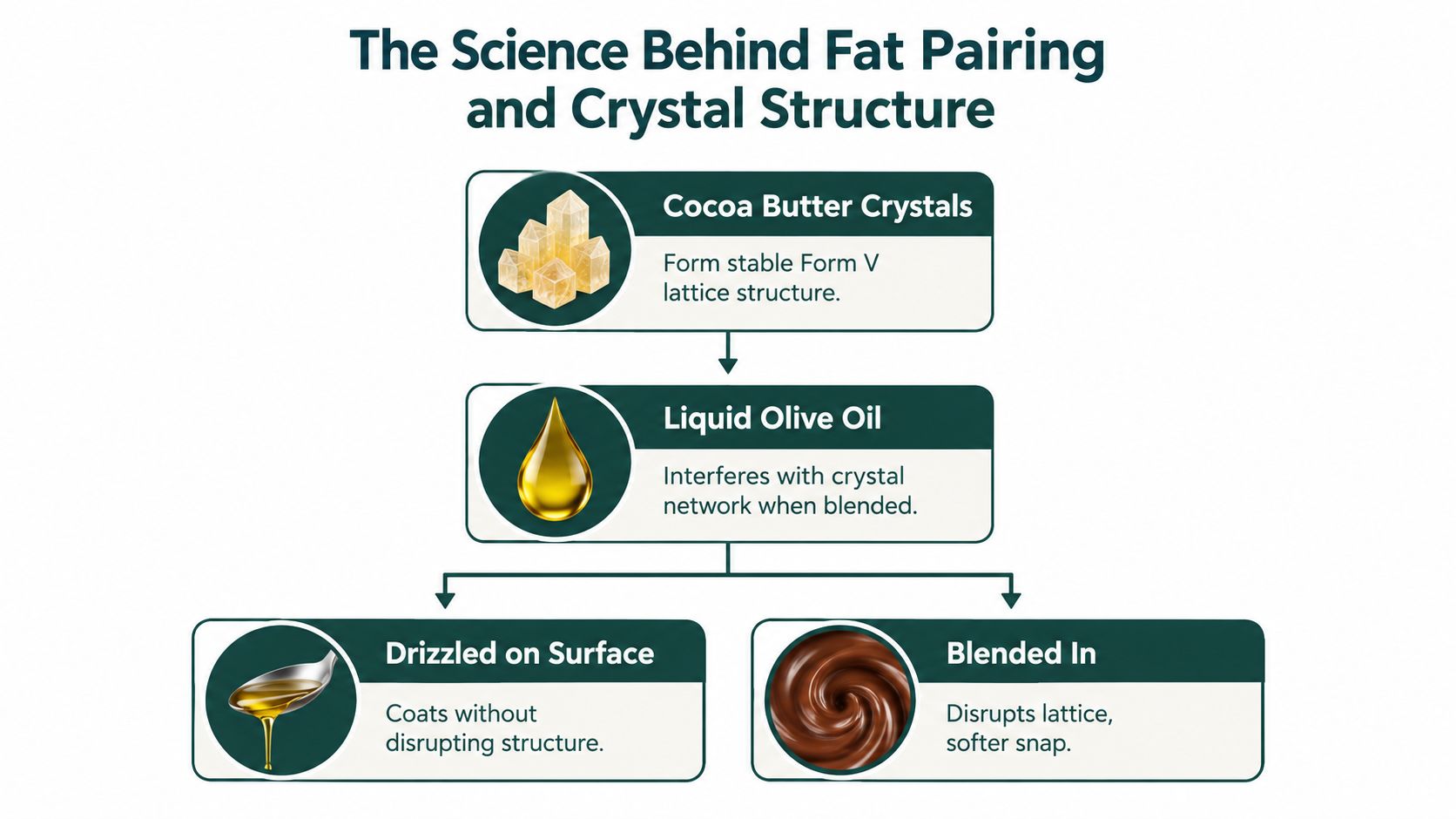 A flowchart explaining how olive oil interacts with cocoa butter crystal structure in chocolate when combined.