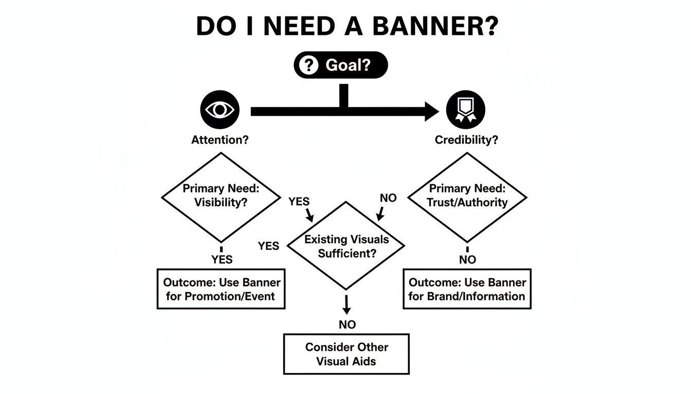 Decision flowchart for determining if a banner is necessary, considering visibility, trust, and existing visuals.