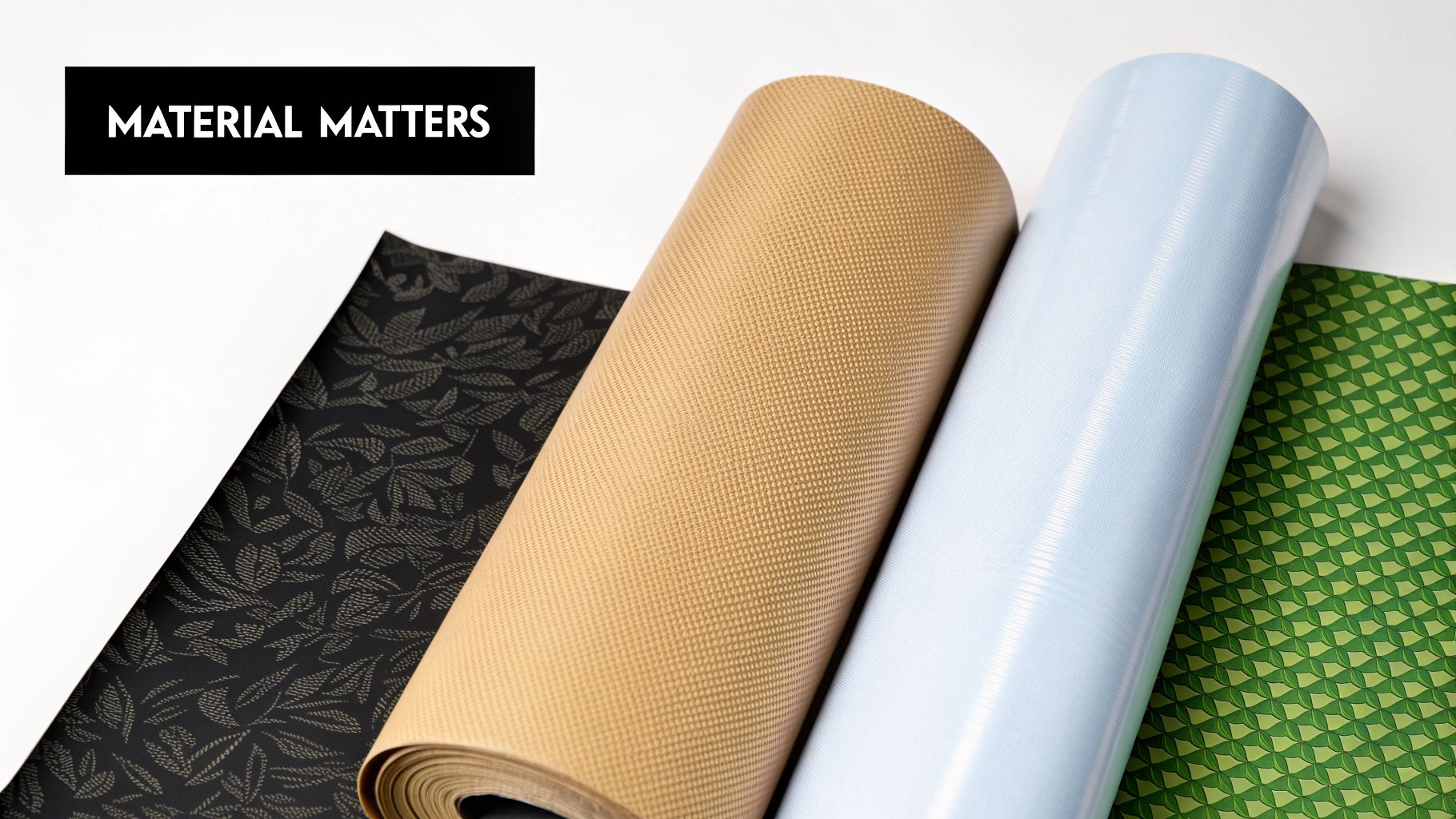 Close-up of various textured and patterned material rolls, including leaf print, beige, blue, and geometric green.