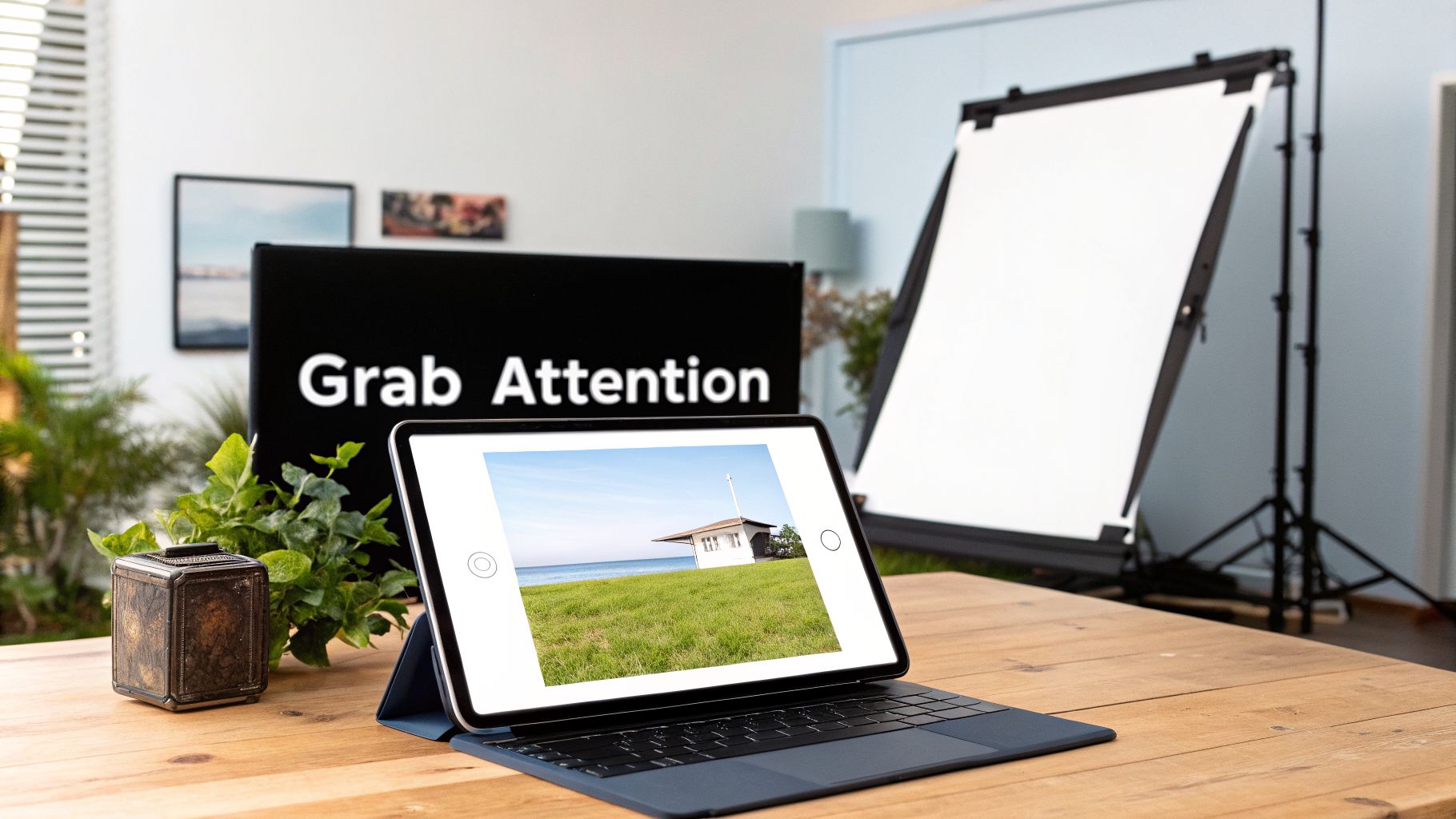 A modern studio workspace featuring a tablet displaying an image, a 'Grab Attention' pop-up banner, and photography equipment.