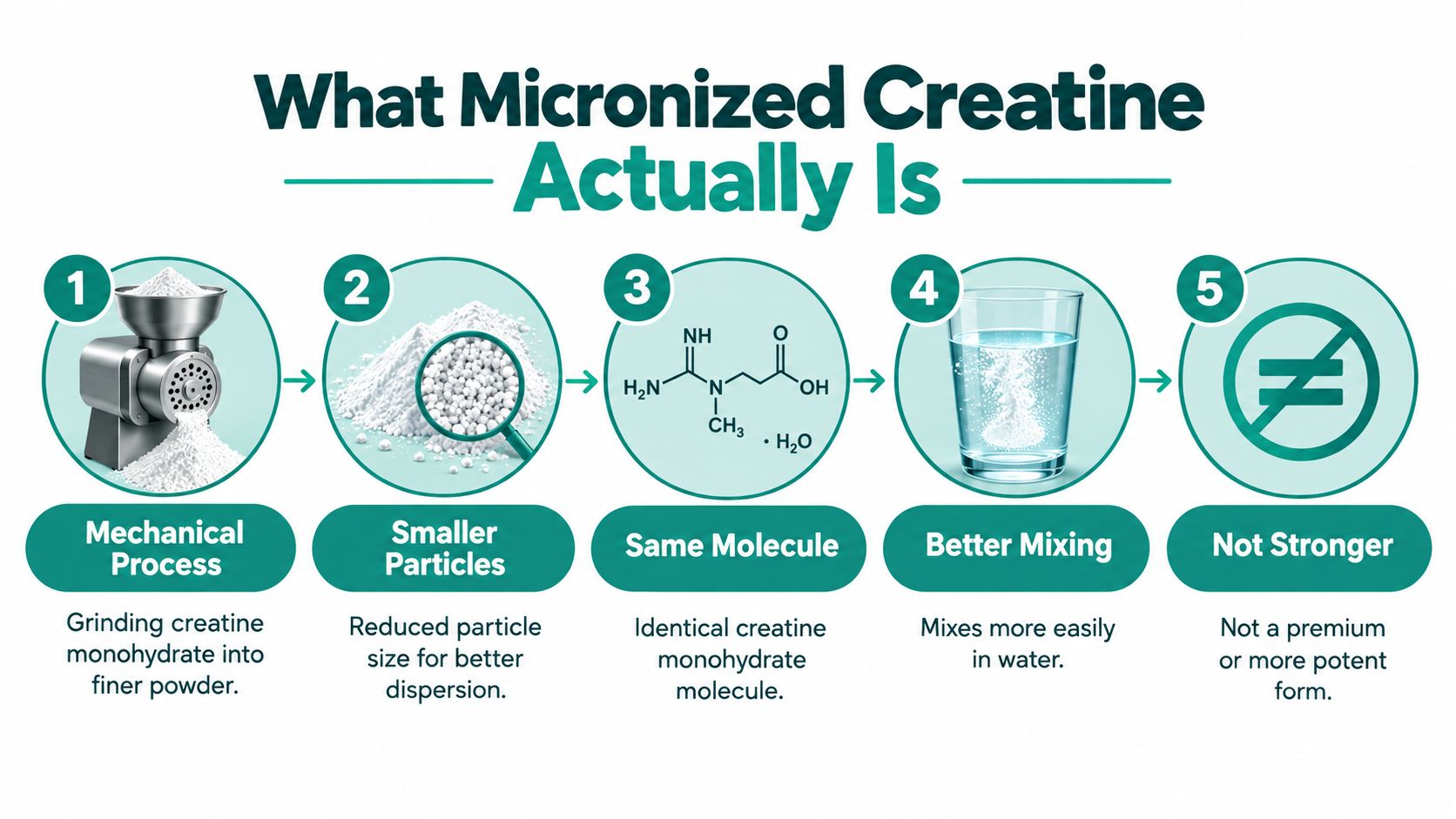 A five-step infographic explaining that micronized creatine is just a finer powder for better mixing, not stronger.