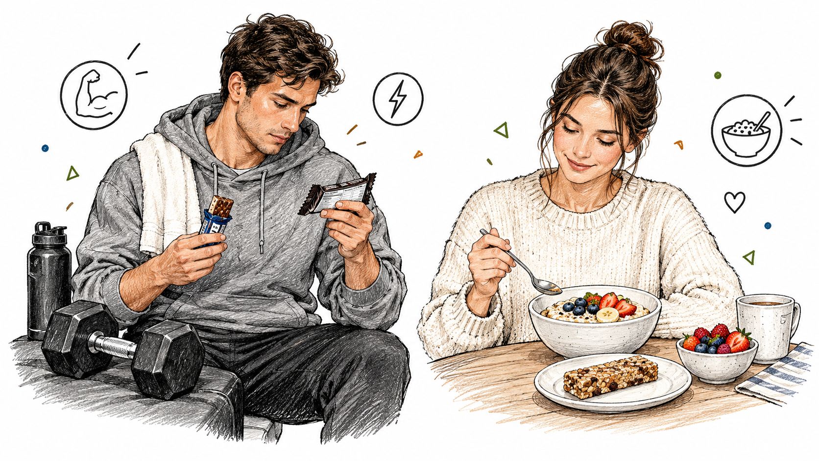 A man and woman demonstrating different healthy eating habits with protein bars, dumbbells, and a nutritious fruit bowl.