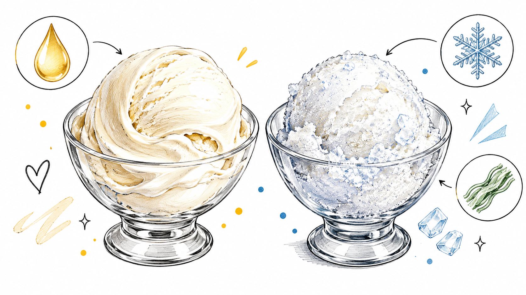 An illustration contrasting a creamy golden scoop of ice cream with a crystalline frozen textured sorbet.