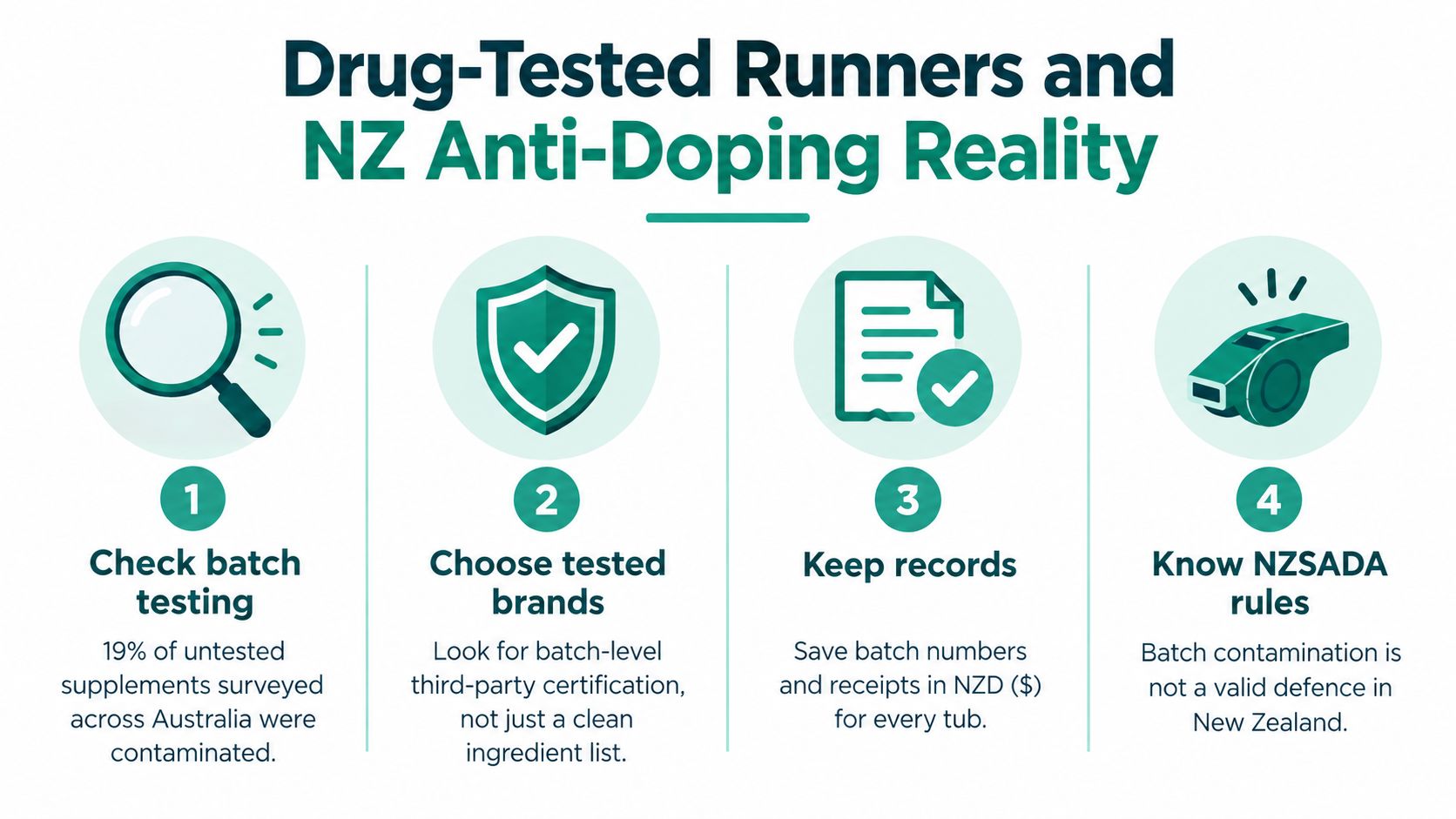 An infographic titled Drug-Tested Runners and NZ Anti-Doping Reality featuring four steps for safety with supplements.