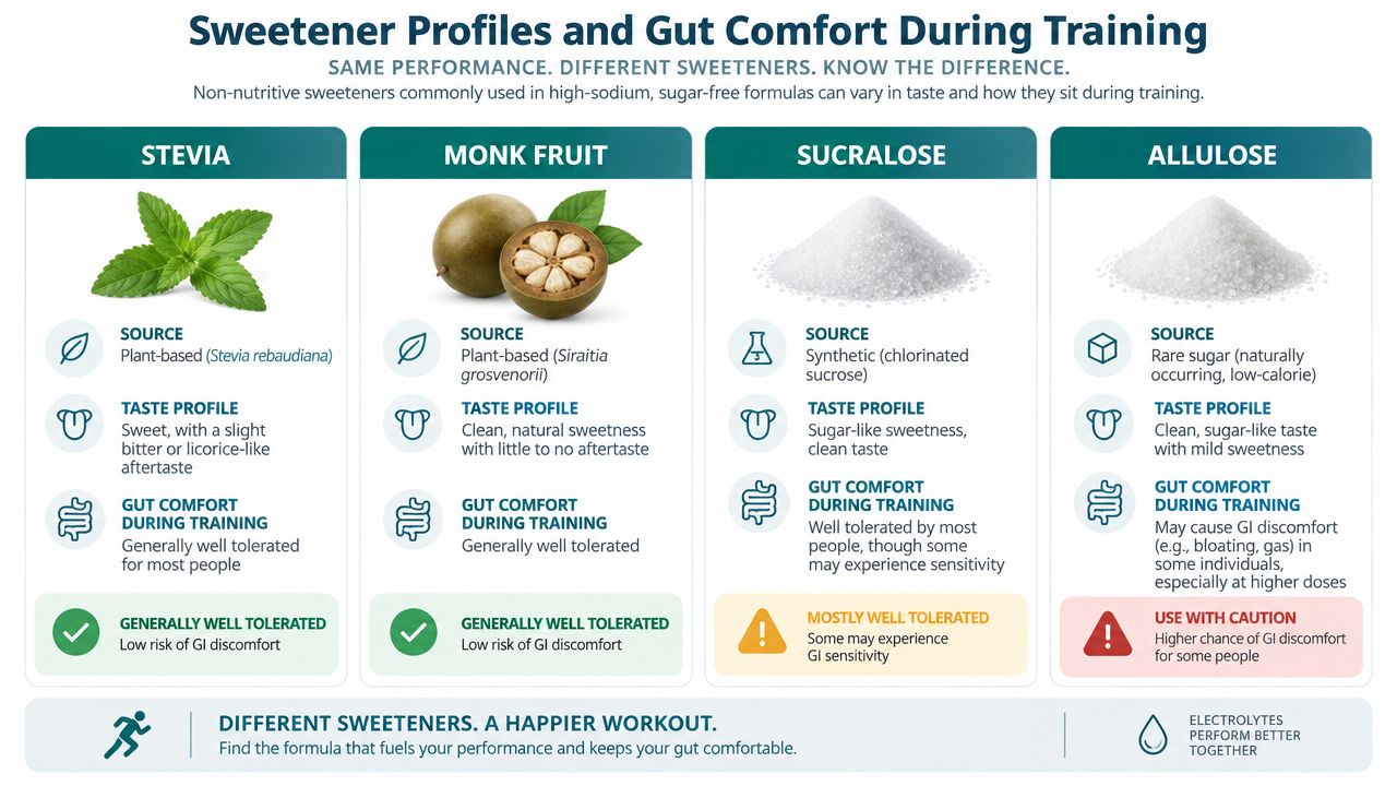 A comparison chart of non-nutritive sweeteners including Stevia, Monk Fruit, Sucralose, and Allulose for digestive comfort.