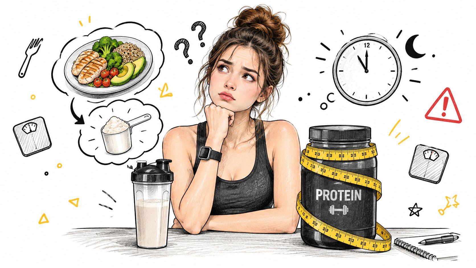 A young woman pondering nutritional choices, weighing protein powder against whole foods like chicken and broccoli.