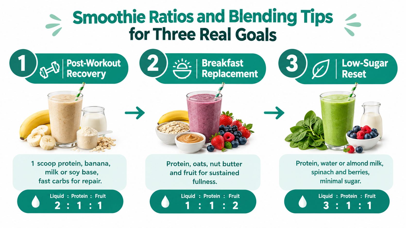 An infographic illustrating smoothie ratios and blending tips for post-workout recovery, breakfast replacement, and low-sugar reset goals.