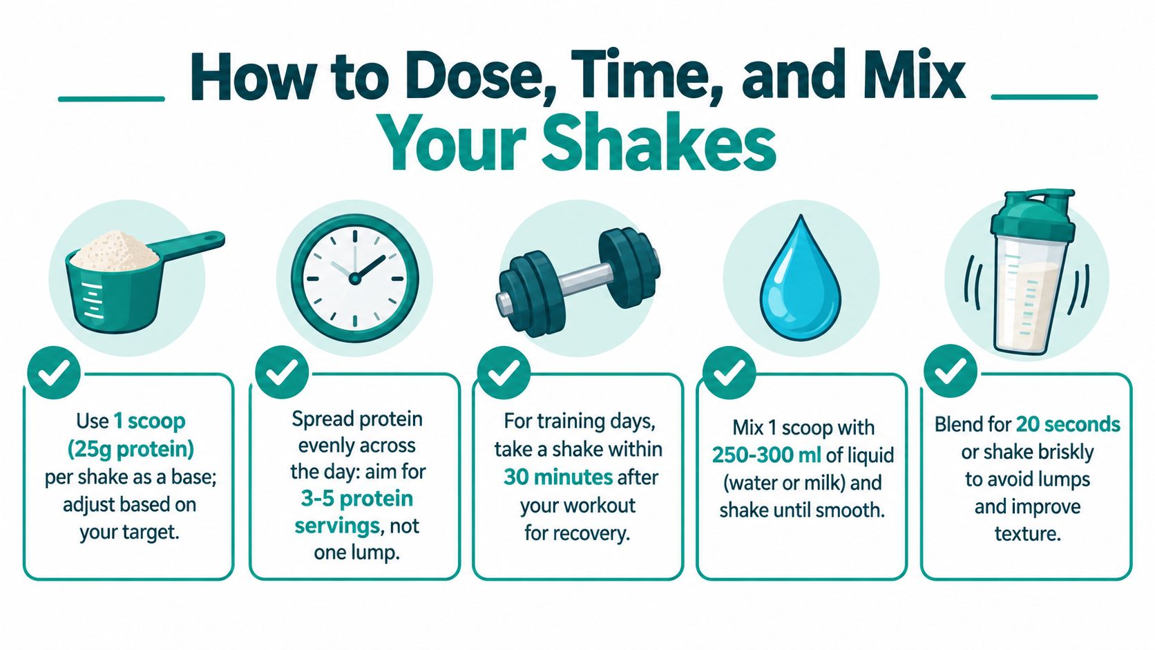 An infographic titled How to Dose, Time, and Mix Your Shakes showing five steps for using protein powder.