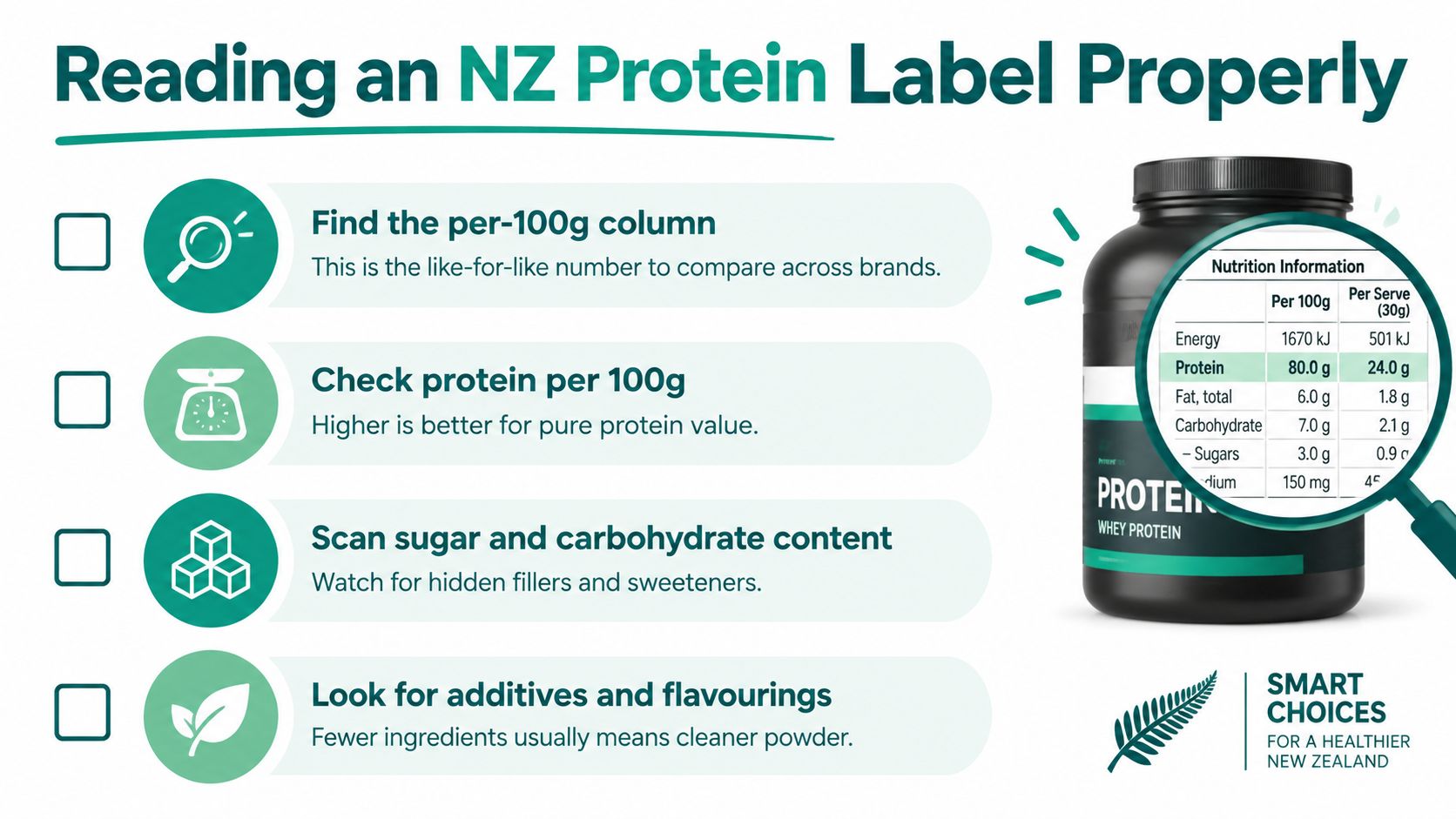 An infographic titled Reading an NZ Protein Label Properly with tips on analyzing nutrition facts labels.