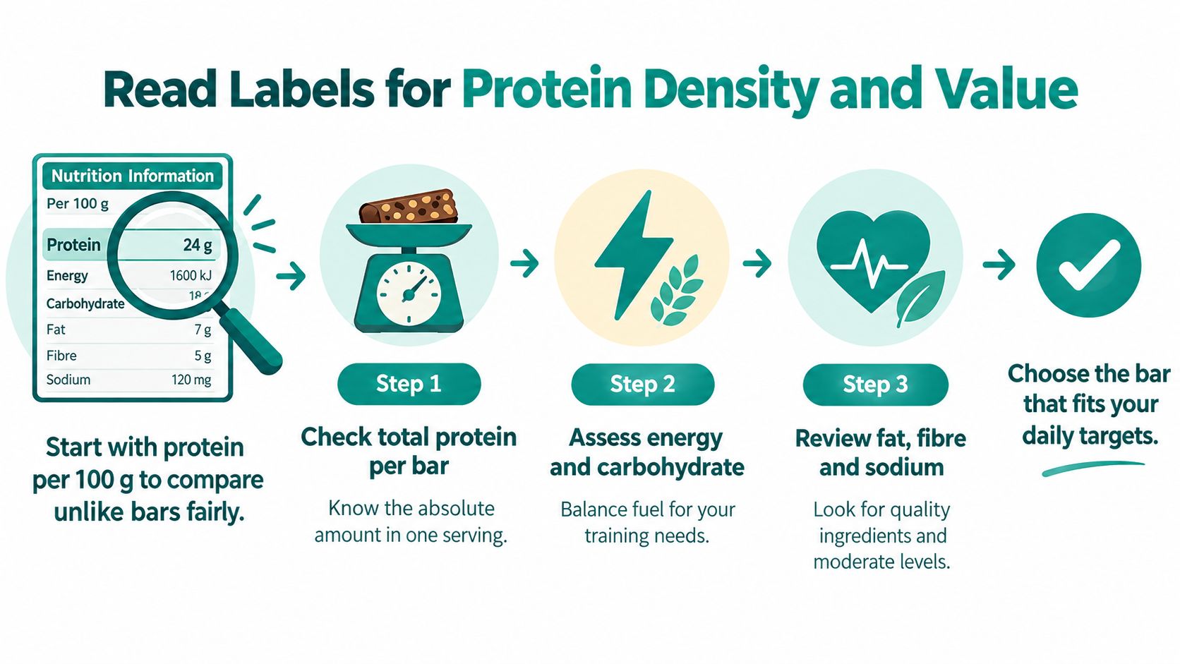 An infographic showing a three-step process for evaluating protein bars based on nutrition label density.