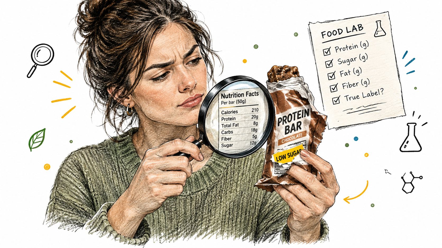 A woman examining a chocolate protein bar's nutrition label with a magnifying glass for accuracy.