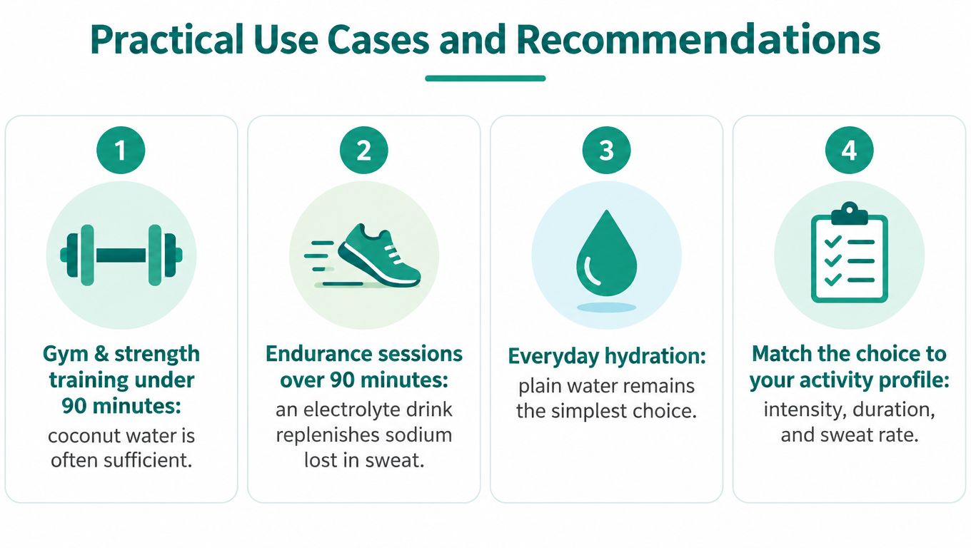 An infographic showing four practical hydration recommendations for different levels of physical activity and training.