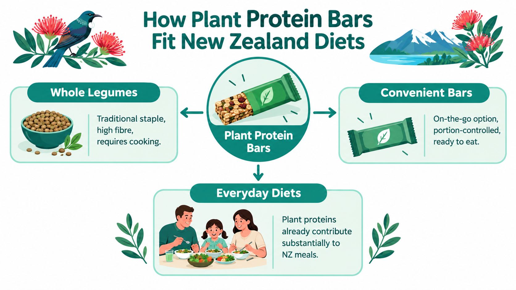 An infographic showing how plant protein bars fit into New Zealand diets alongside traditional legumes.