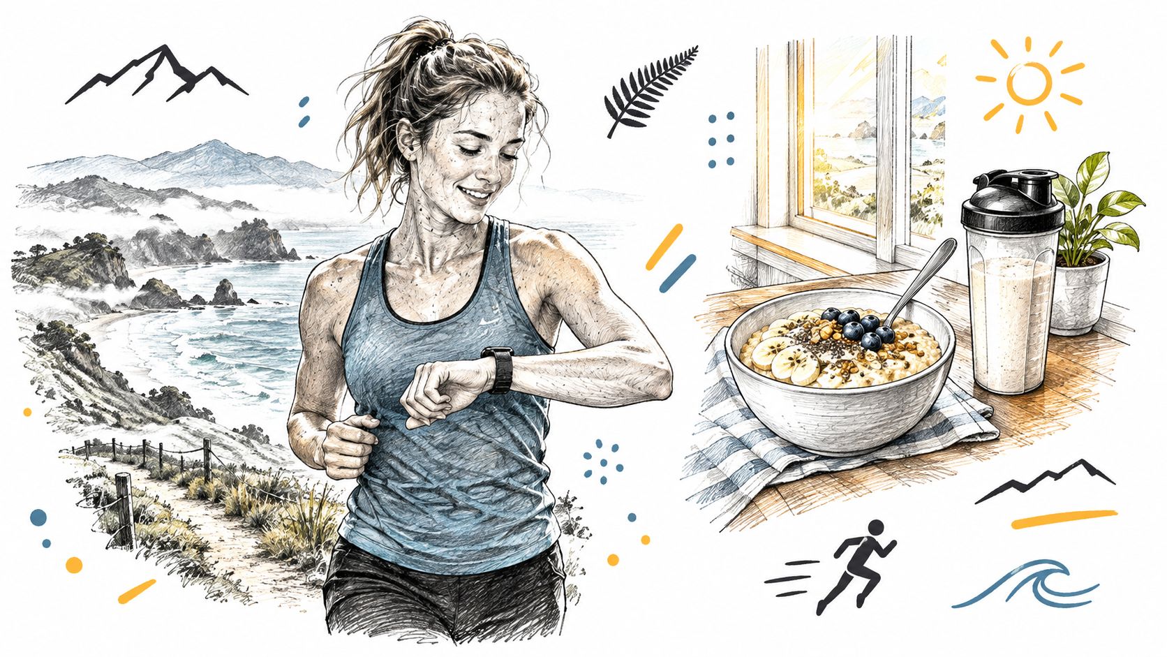 A fit woman tracking her run with a smartwatch near a coastal mountain landscape and healthy breakfast.
