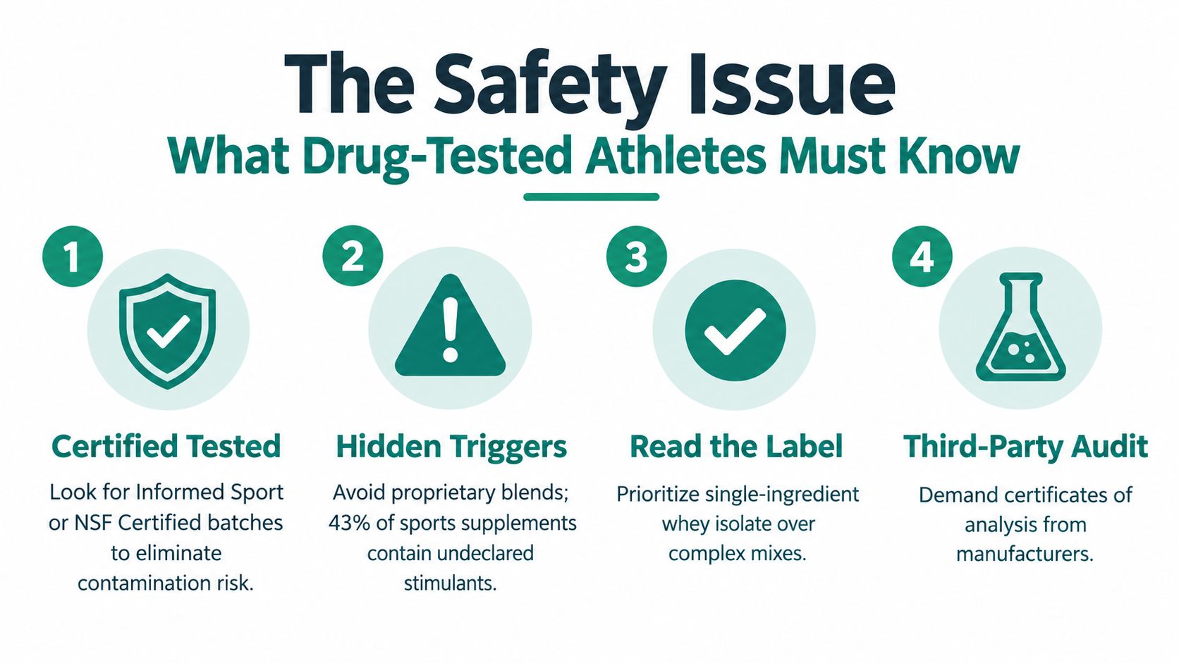 An infographic titled The Safety Issue outlining four essential tips for drug-tested athletes selecting safe supplements.