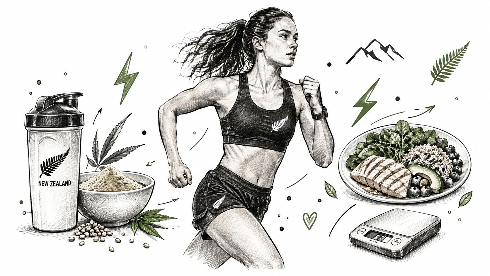 A woman running near a New Zealand protein shaker, hemp powder, and a healthy fitness meal.