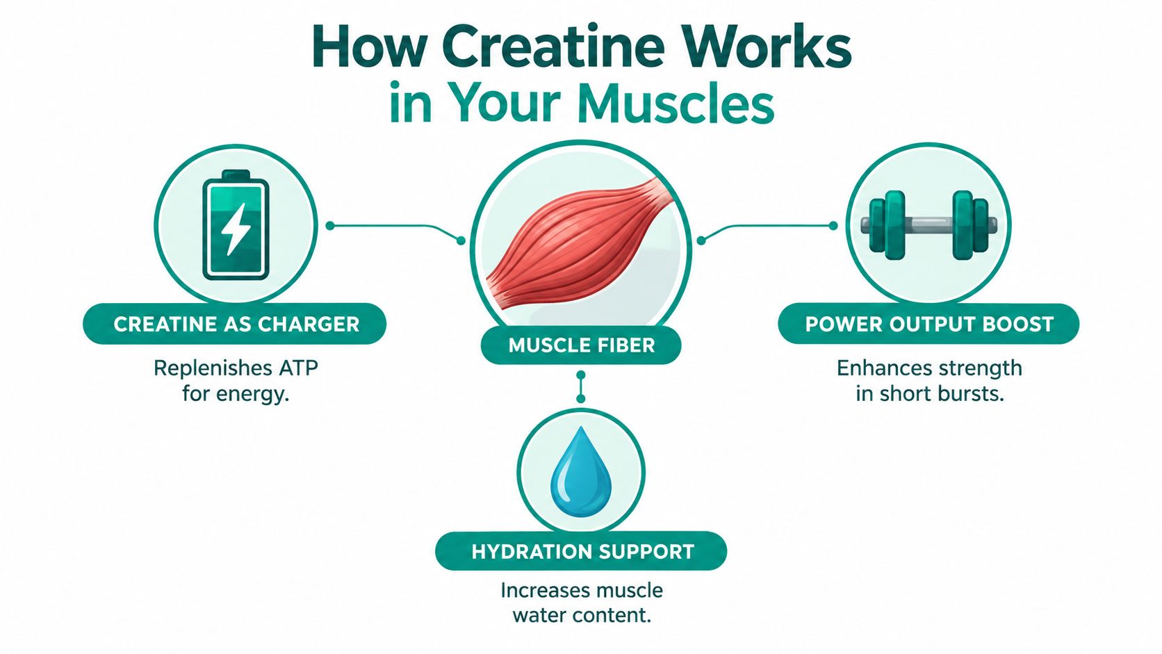 A diagram illustrating how creatine works by acting as an energy charger, providing hydration, and boosting power.