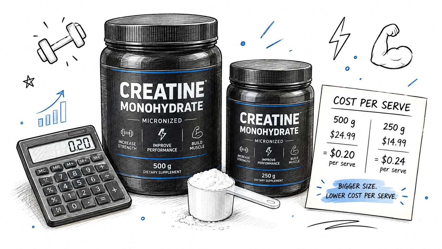 A calculator and two creatine supplement jars are displayed next to a handwritten cost comparison note.