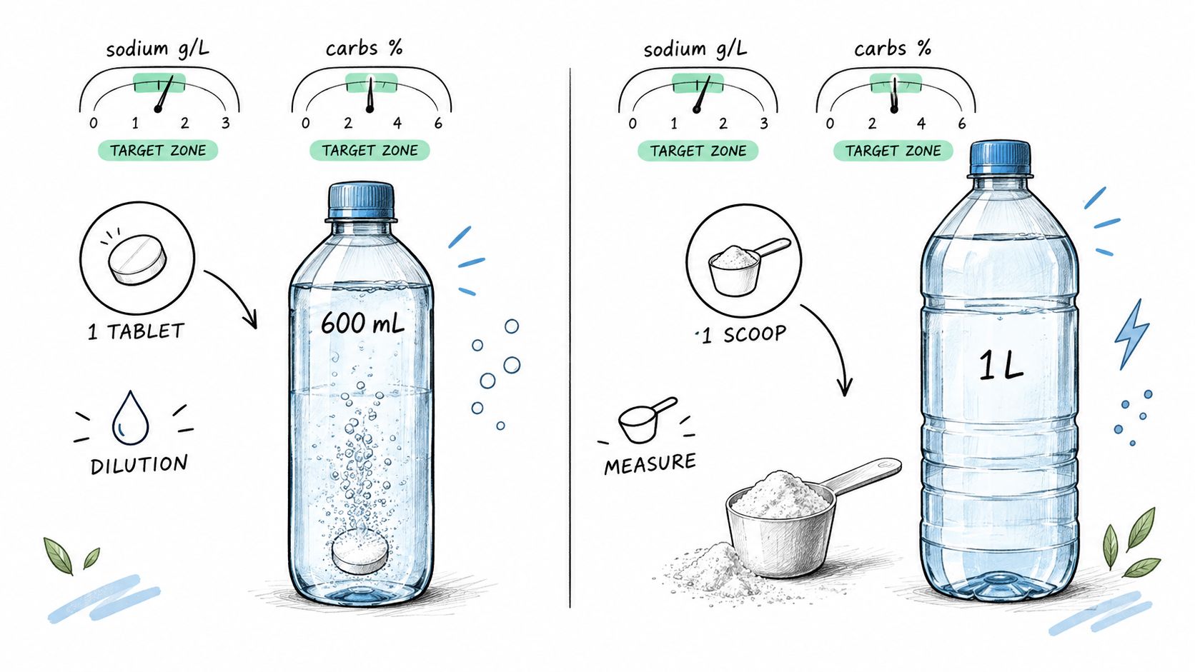 Comparison of electrolyte preparation methods showing a tablet for 600mL water versus powder for 1L water.