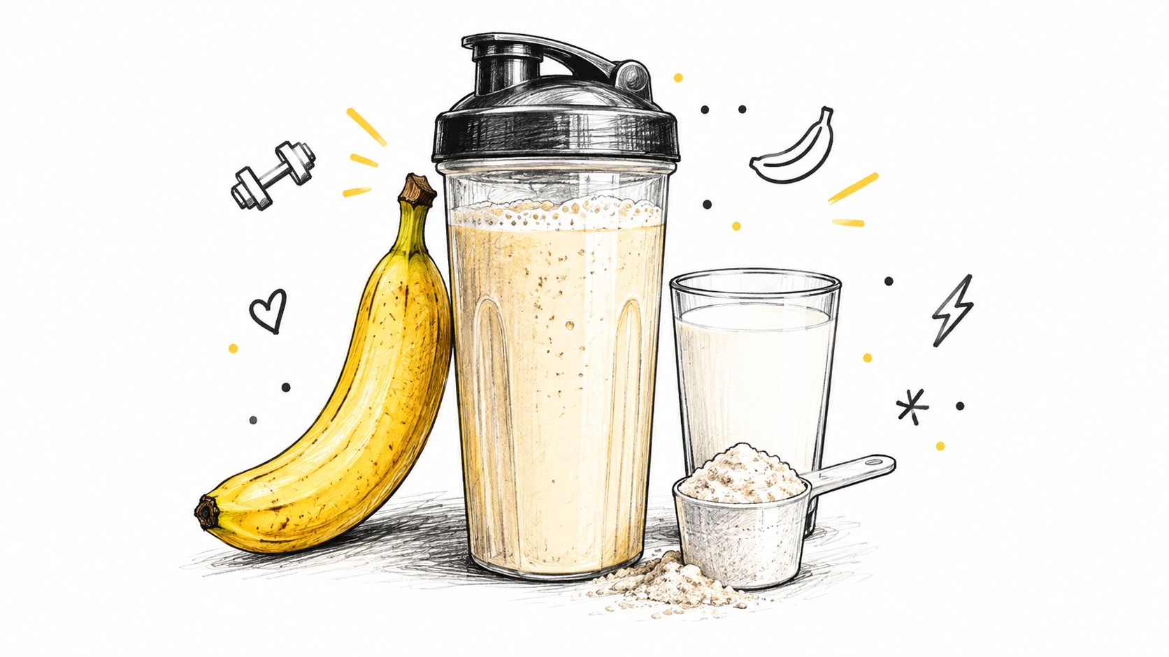 A banana next to a protein shake blender bottle, a glass of milk, and a measuring scoop.