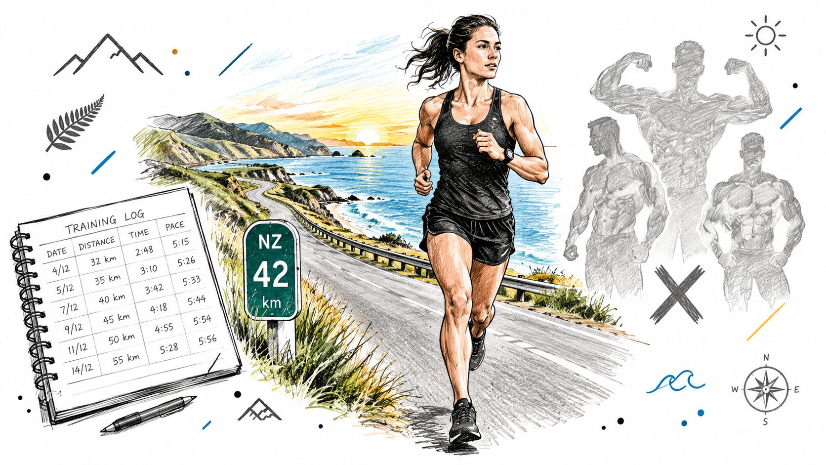 A female runner on a scenic New Zealand coastal road next to a training log and bodybuilding sketches.