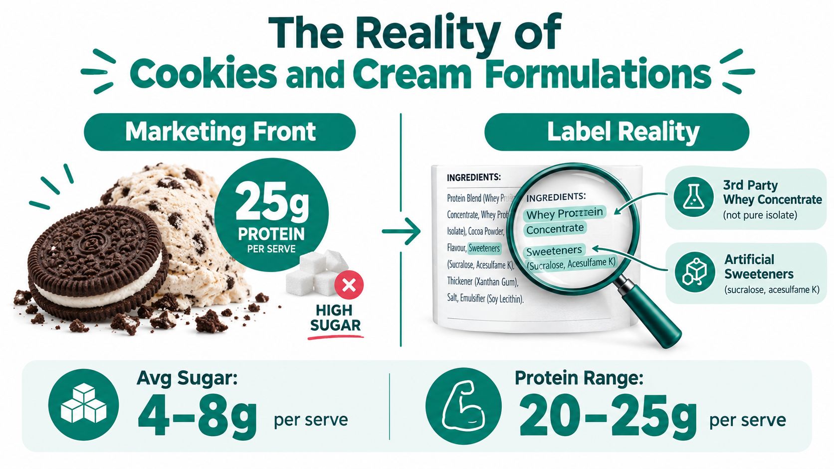 An infographic comparing marketing claims about protein powder to the actual ingredient list reality.