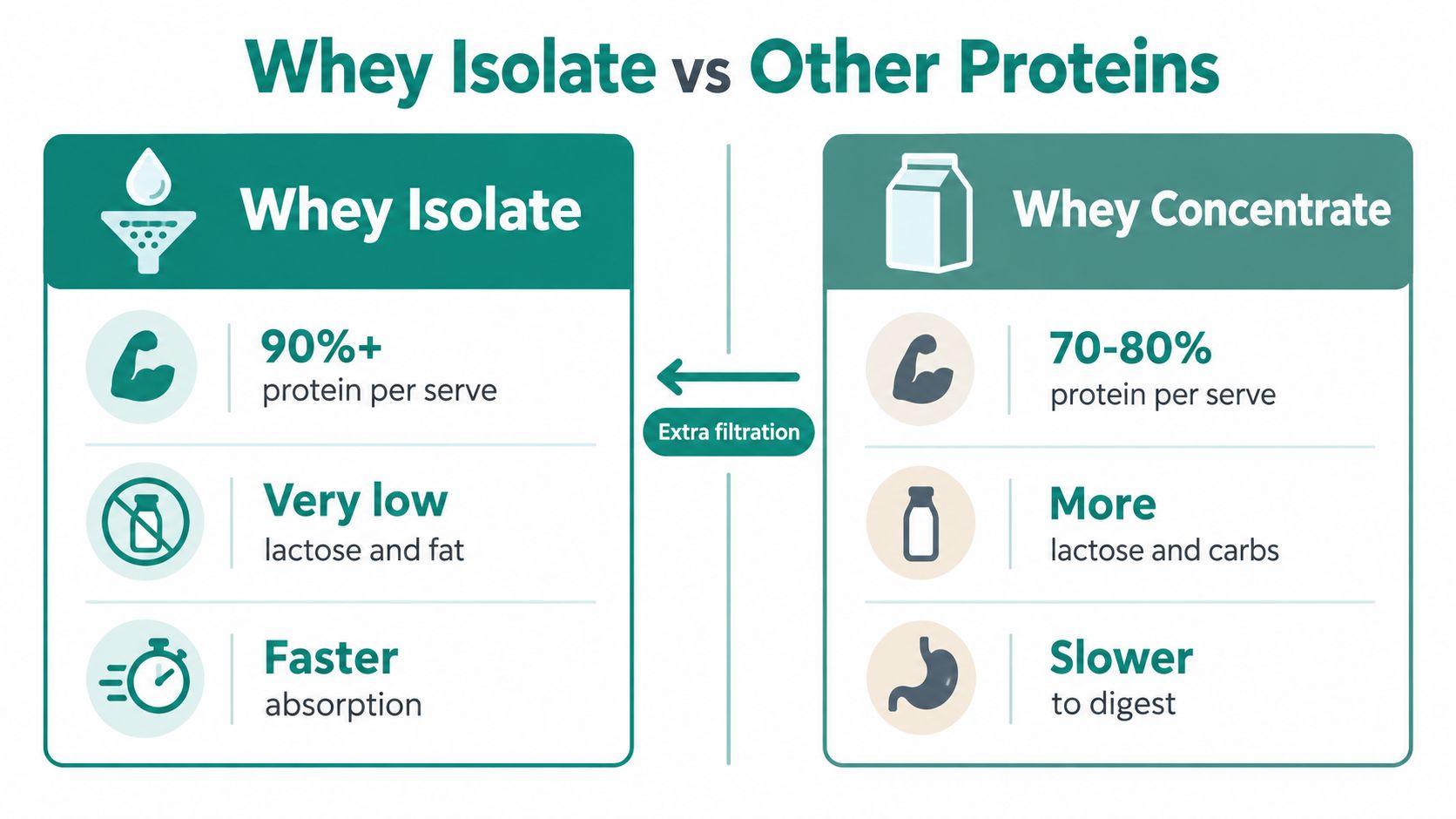 A comparison chart showing the differences in protein, lactose, and digestion speed between whey isolate and concentrate.