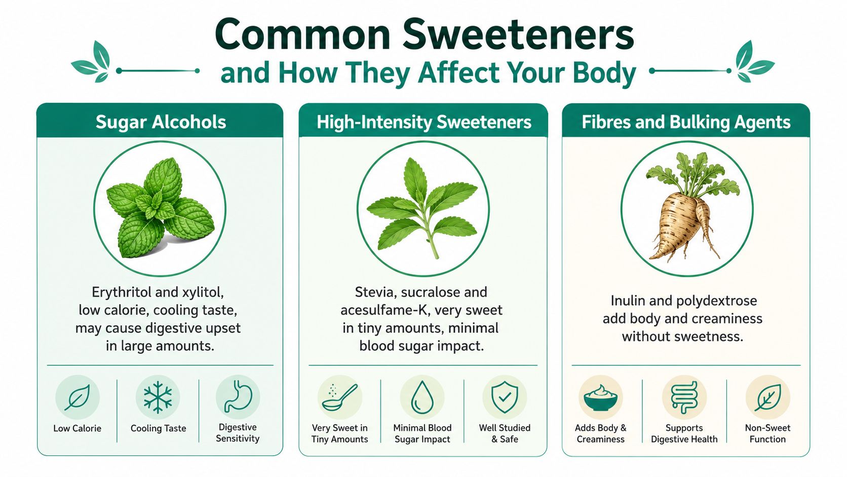 An infographic titled Common Sweeteners and How They Affect Your Body displaying sugar alcohols, high-intensity sweeteners, and fibres.